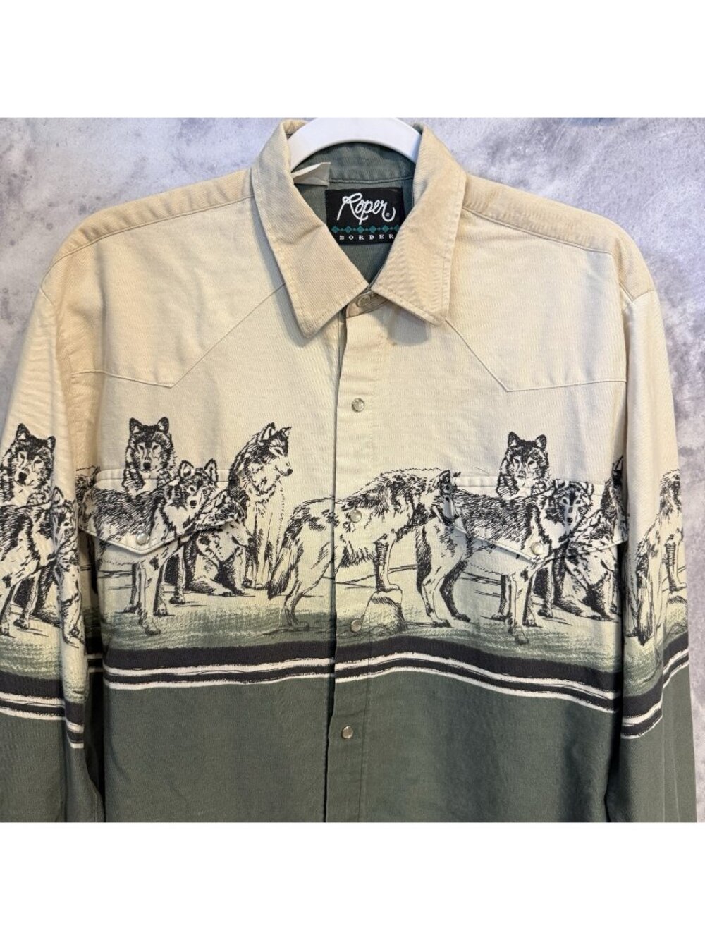Vintage Roper Border Pearl Snap Western Shirt Long Sleeve Coyote Mens Large USA